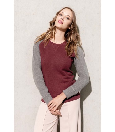 Damessweater BIO ronde hals raglanmouwen bordeaux grijs