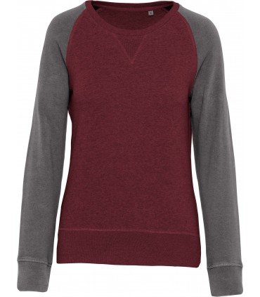 Sweat-shirt Bio col rond manches raglan femme bordeaux gris