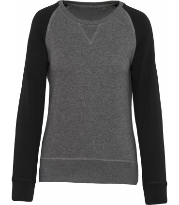 Sweat-shirt Bio col rond manches raglan femme gris-noir