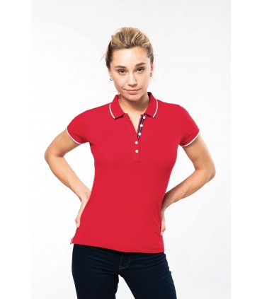 Polo maille piquée manches courtes femme rouge - navy